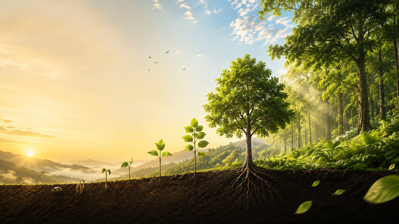 A seed growing into a sapling, a young tree, and a full forest with roots — the journey of Karisakattu Poove Trust